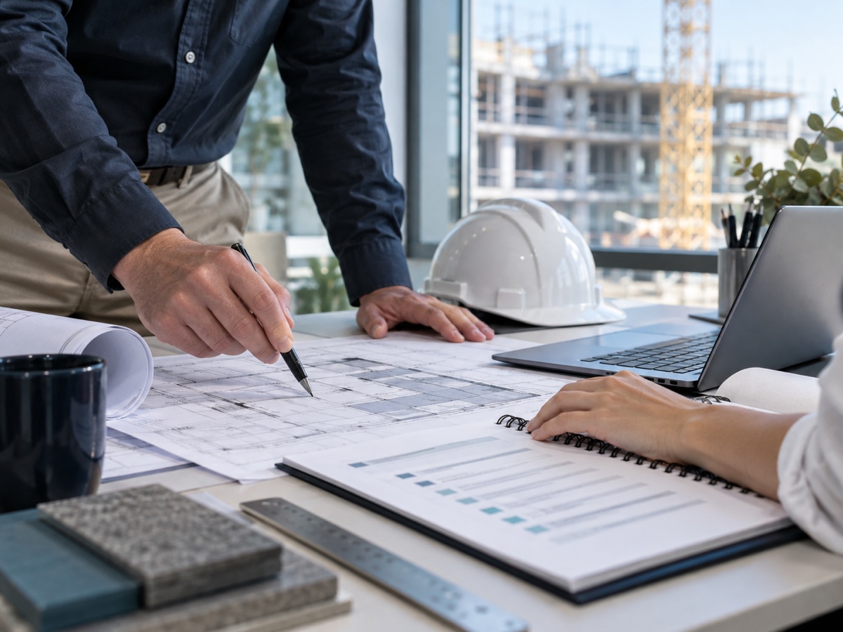 Construction project plans being reviewed beside a laptop and hard hat