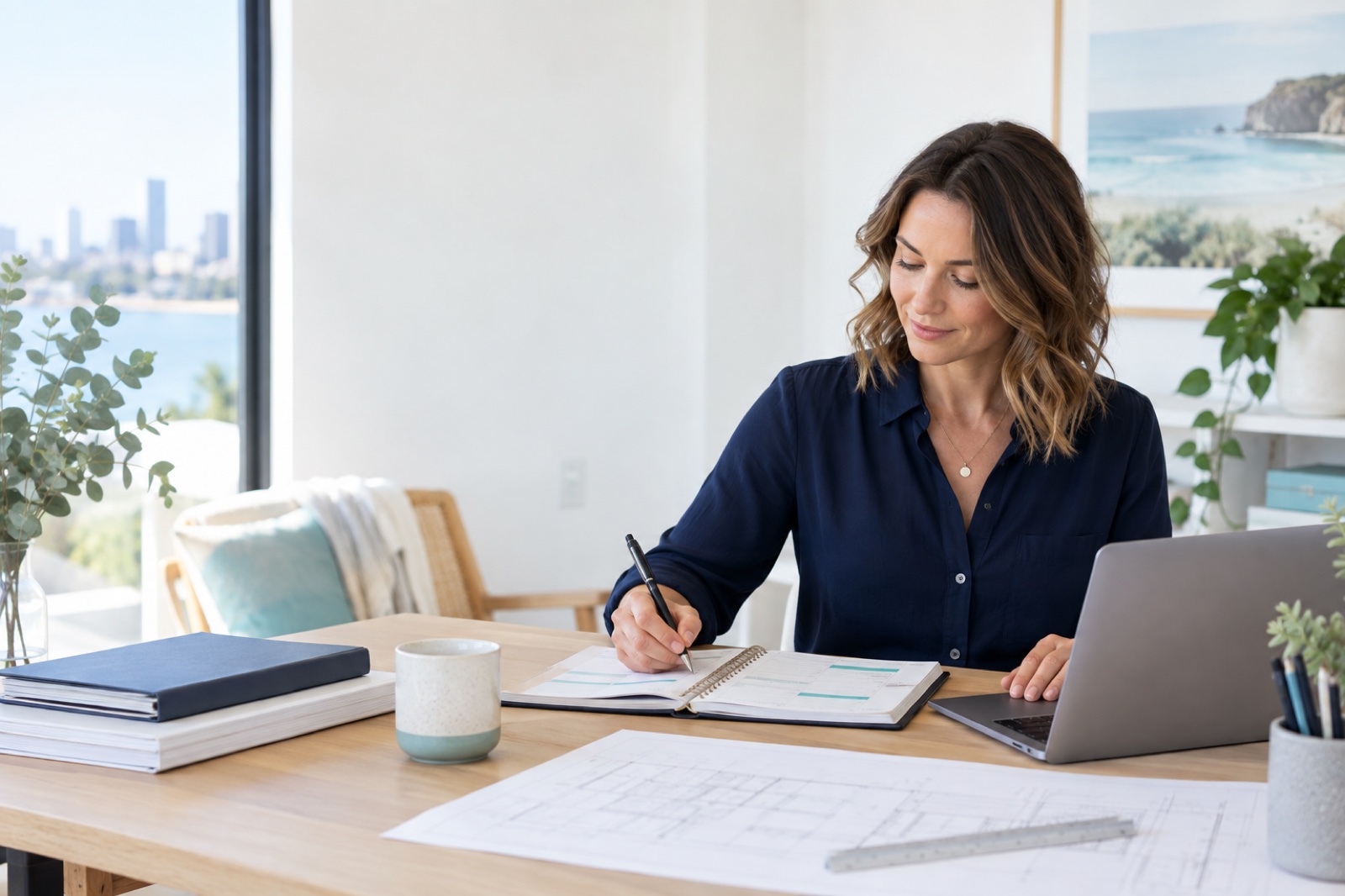 Freelance project administrator organising documents and a project plan at a desk